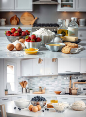 Two variants of modern kitchen cooking. Preparation for baking strawberry and blueberry dessert, dishes, ingredients, food. Realistic style, home environment.