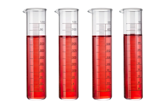 Four laboratory beakers filled with red liquid isolated on transparent background - Powered by Adobe