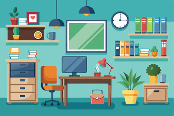 Creative office design featuring modern furniture, plants, and decorative elements in a bright, organized workspace for inspiring productivity