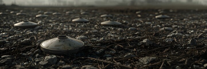 Obraz premium Land Mines in Minefield War Military weapon Arms Explosive Army Danger Ground Warfare Defence Force Machine Banner