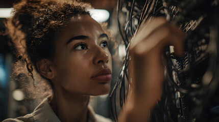 A lesbian technician staring in confusion at a tangled mess of network cables in a server room.