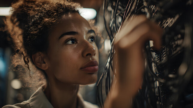 A lesbian technician staring in confusion at a tangled mess of network cables in a server room.