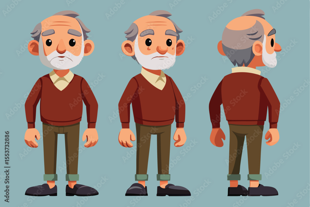 Aufkleber elderly man character design for animation featuring multiple angles and a friendly expression in a 