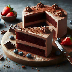 Slices of plain chocolate cake with thin frosting and crumbs around