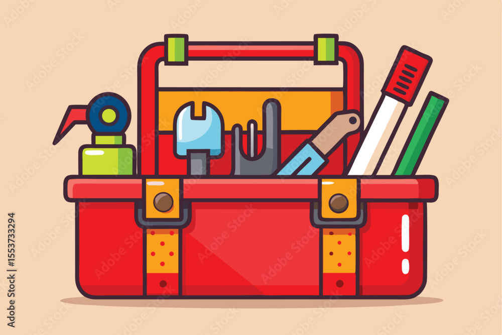 Poster workman s toolkit with diverse instruments in red toolbox displayed against a plain background empha