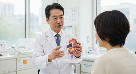 Obraz premium Nephrology Care: Doctors consult patients on kidney health with anatomical models. Montage of healthcare & renal disease awareness images.