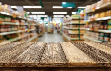 Grocery store interior, blurred background, wooden table