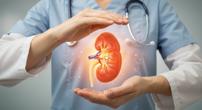 Nephrology Care: Doctors consult patients on kidney health with anatomical models. Montage of healthcare & renal disease awareness images.