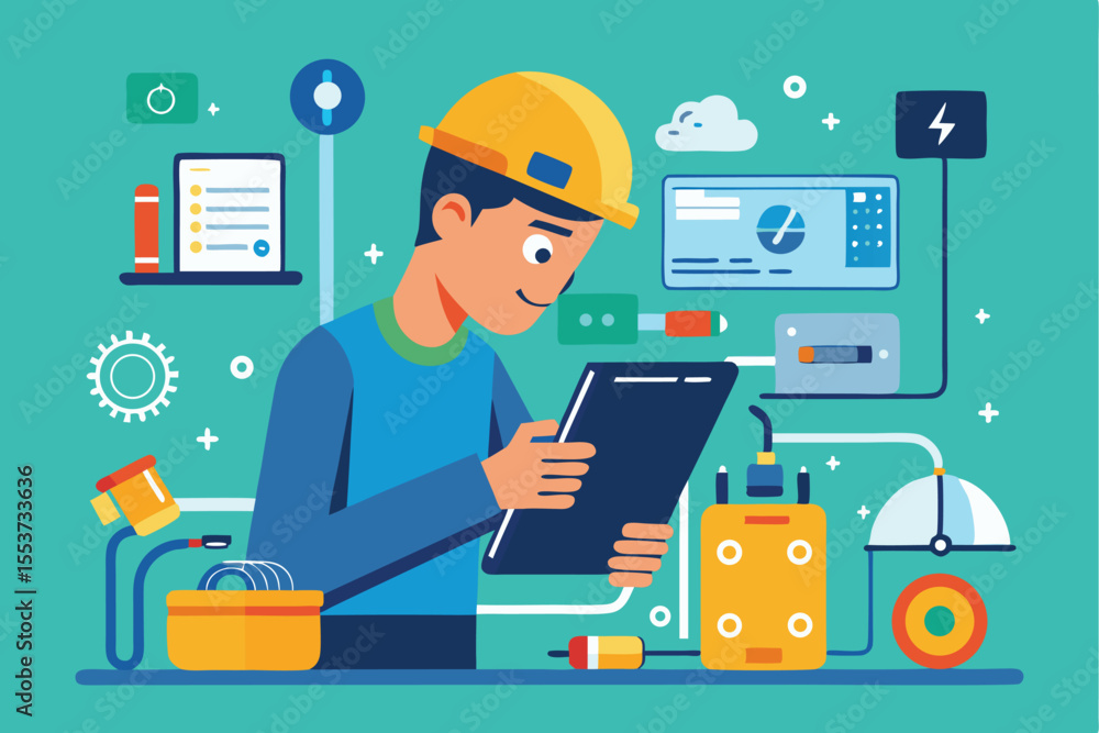 Poster man performs device repair while checking a tablet in a flat illustration setting with various tools