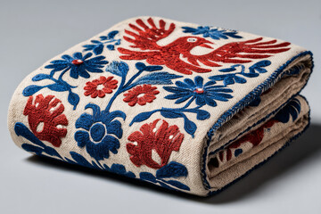 Folded embroidered textile with folk bird and floral design