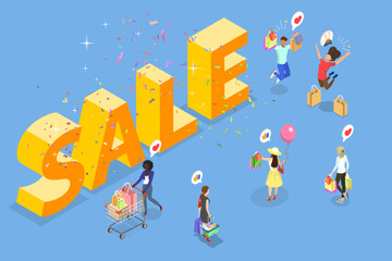 Naklejka premium 3D Isometric Flat Vector Illustration of Compulsive Shopping, E-commerce Advertising