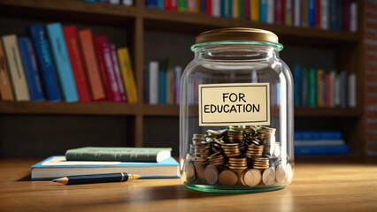 Savings Jar with Coins and Label “For Education”