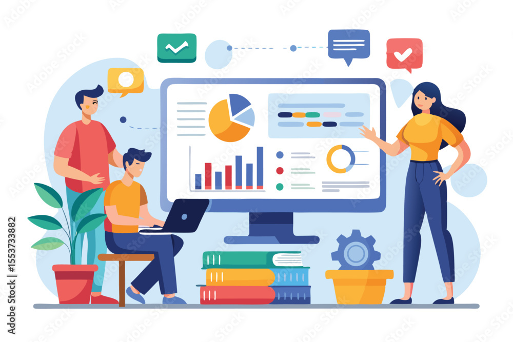 Poster business team analyzing data with charts and graphs on a monitor in a modern office environment duri
