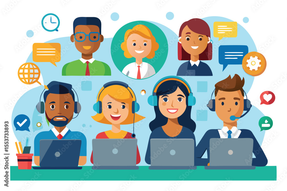 Aufkleber call center operators engaged in customer service across diverse communication platforms during a bu