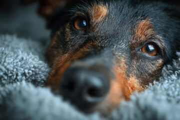 Dog resting with focus on nose and cozy blanket texture