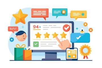 Fototapeta premium Concept of delivering best quality and highest value in online customer service with elements showcasing reviews, ratings, and user engagement in a colorful digital environment