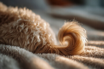 Curled fluffy dog tail on soft blanket