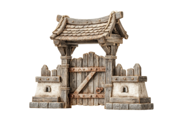 PNG Medieval wooden gate with stone walls and rustic design isolated on black