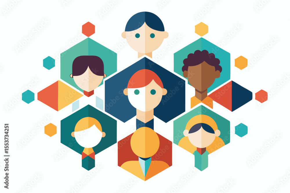 Poster diverse community represented by flat geometric figures in interconnected hexagonal patterns promoti