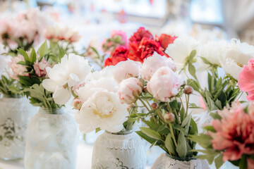 Vibrant close-up of blooming peonies in shades of pink, red, and white, arranged in rows with soft background blur at a floral exhibition.