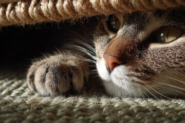 Cat hiding in shadow under basket with focus on face and paw