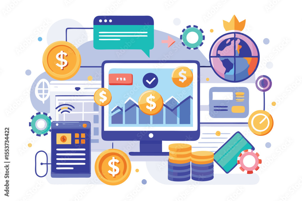 Poster digital economy transactions highlighted with coins, currency symbols, and analytic graphs on a comp