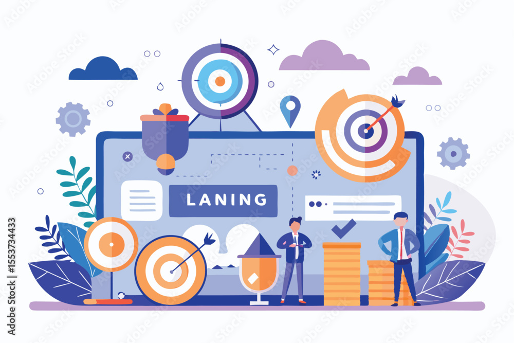 Poster exploring business plan concepts for finance and startup success with target setting and visual repr