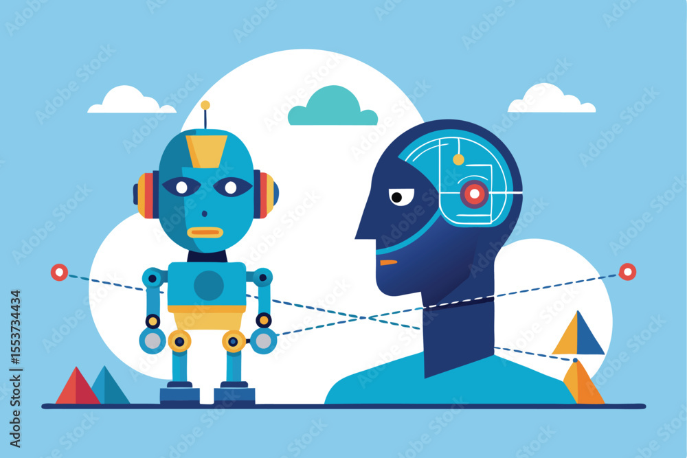 Poster robot and human head connected by a visual representation of communication, showcasing the blend of 