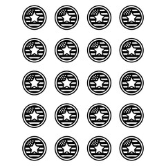 Patriotic star and badge 20 icon set on isolated black and white background