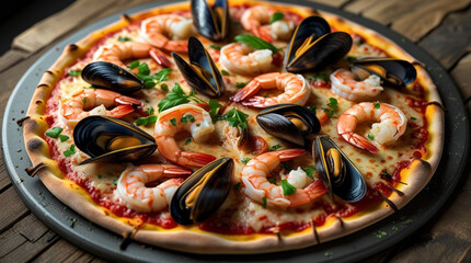 Delicious Italian pizza topped with shrimp, squid, mussels, and melted cheese. Fresh and savory.