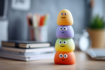 Colorful squishy toys with funny faces stacked on desk