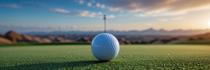 Artistic Panorama with Golf Ball on Grass in Foreground – Minimal Sports Background Concept

