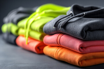 Folded athletic hoodies in assorted bright and neutral colors on dark background