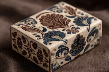 Artisan soap packaging with embossed floral folk pattern on textured paper