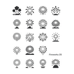 Obraz premium Set of 20 flat monochrome fireworks explosion icons in grid layout on white background