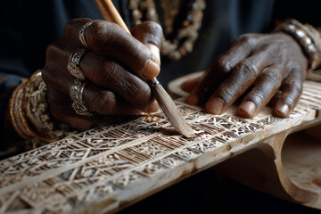 Artisan hands carving wooden musical instrument with fine chisel detail