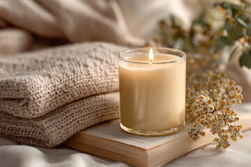 Burning scented candle with herbs and book on warm neutral background