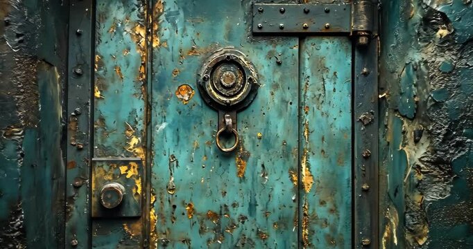 Close-up of an old, rusty, teal door with peeling paint and metal details.
