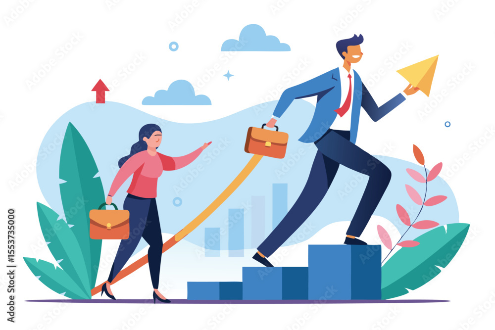 Poster leader guiding employee towards growth by demonstrating pathways to success through collaboration an