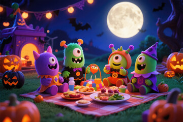 Naklejka premium Adorable Halloween picnic scene featuring four cartoon monsters enjoying food and drinks under a full moon with pumpkins and a witch's house