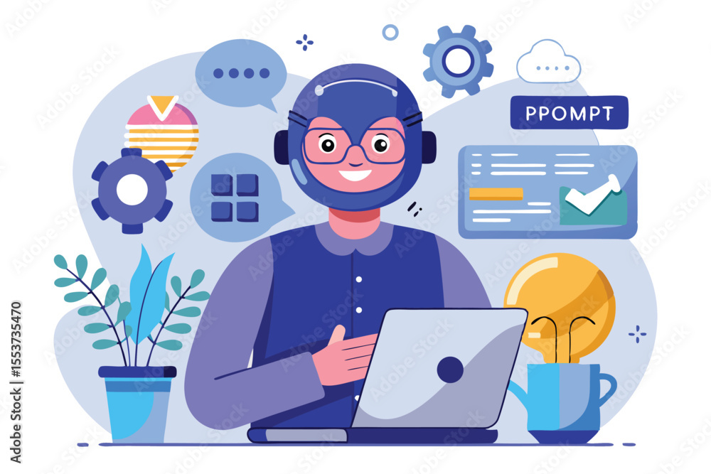 Poster character working as a prompt engineer during a brainstorming session in a modern office environment