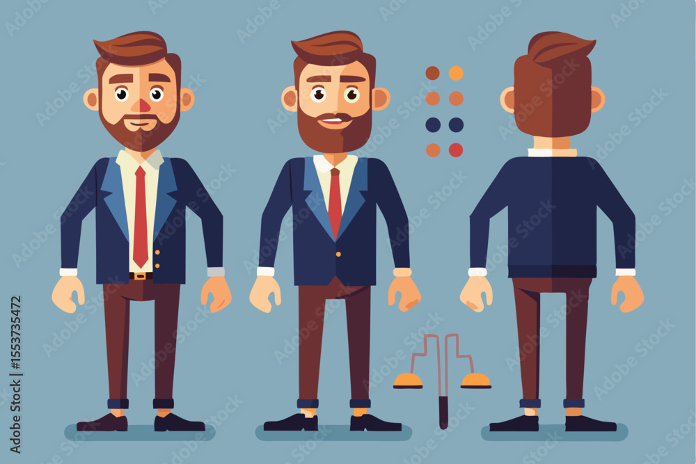 Poster business man character constructor designed for animation featuring versatile poses and styles ideal