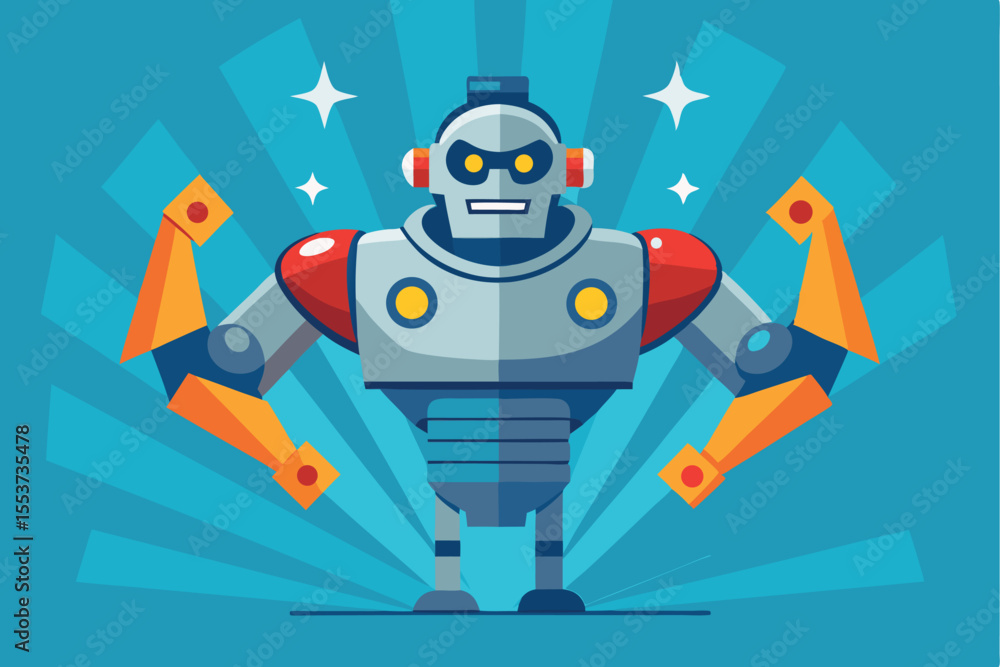 Poster confident robot displaying strength and power in a vibrant technology-themed environment with a mode