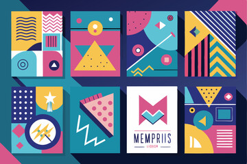 Obraz premium Collection of cool Memphis style cards featuring vibrant geometric shapes and patterns showcasing bold colors and designs for modern art enthusiasts
