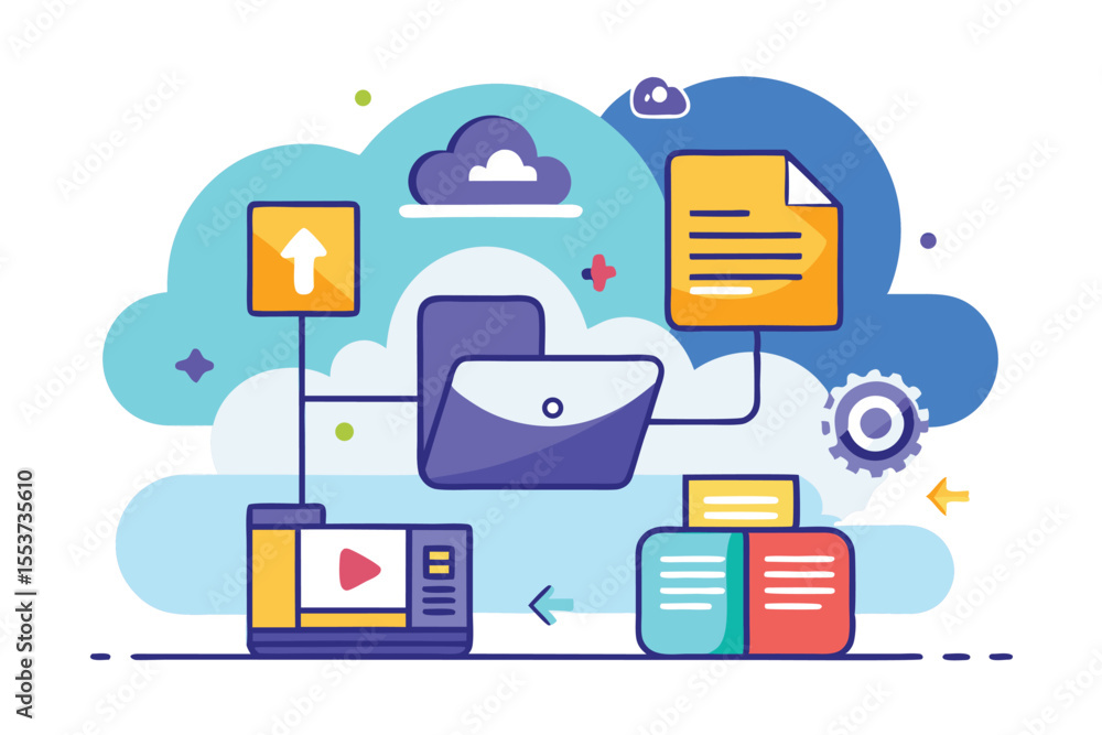 Poster concept of transferring files for data backup with various elements representing storage, documents,