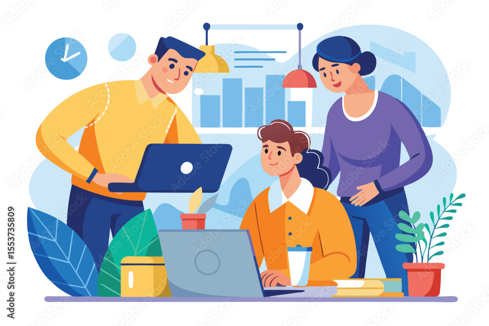 Poster vector illustrating a team leader supervising two colleagues collaborating on a project in a modern 