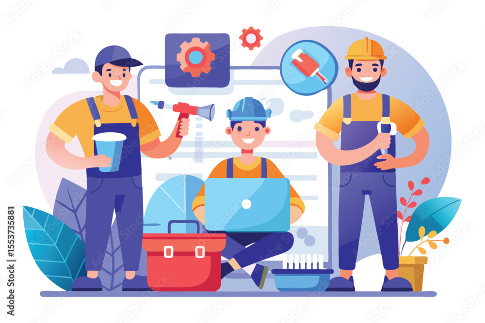 Aufkleber plumber workers collaborating in a modern workshop setting with tools, technology, and teamwork duri