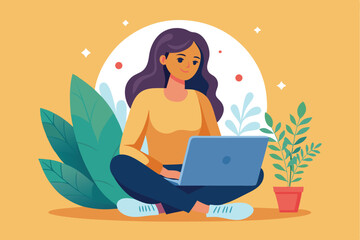 Beautiful woman with laptop on her lap working in a cozy indoor space surrounded by plants during a sunny afternoon