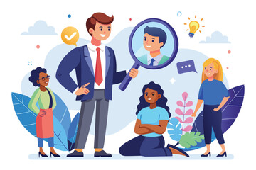 Businessman analyzing information with a magnifying glass while interacting with colleagues in a creative office environment