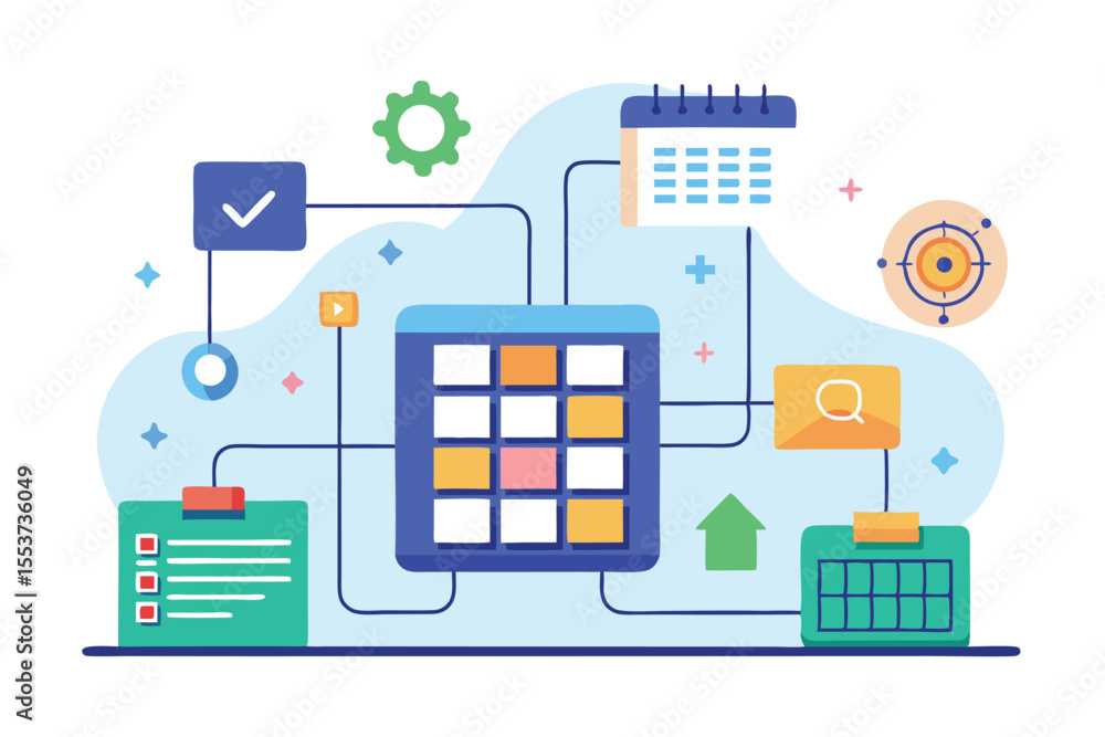 Poster scheduling systems represent a complex concept with various icons symbolizing organization, time man